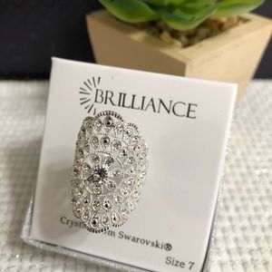 Swarovski Crystal Silver Tone Filigree Ring  Sz 7